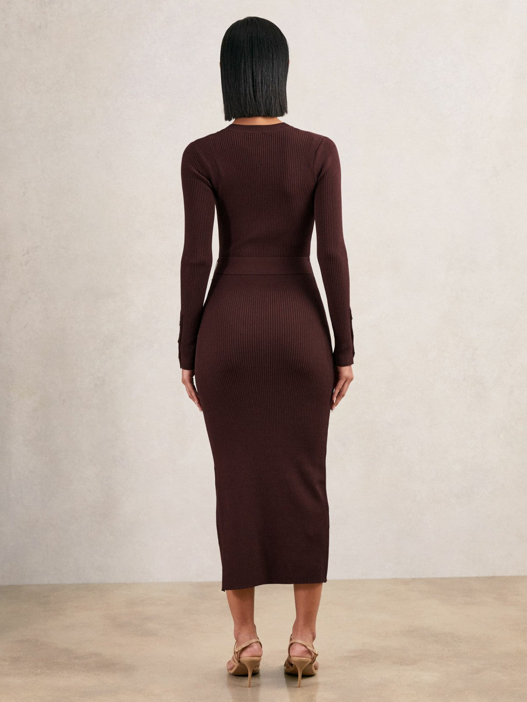 Buttoned Rib-Knit Midi Dress Burgundy | Womens