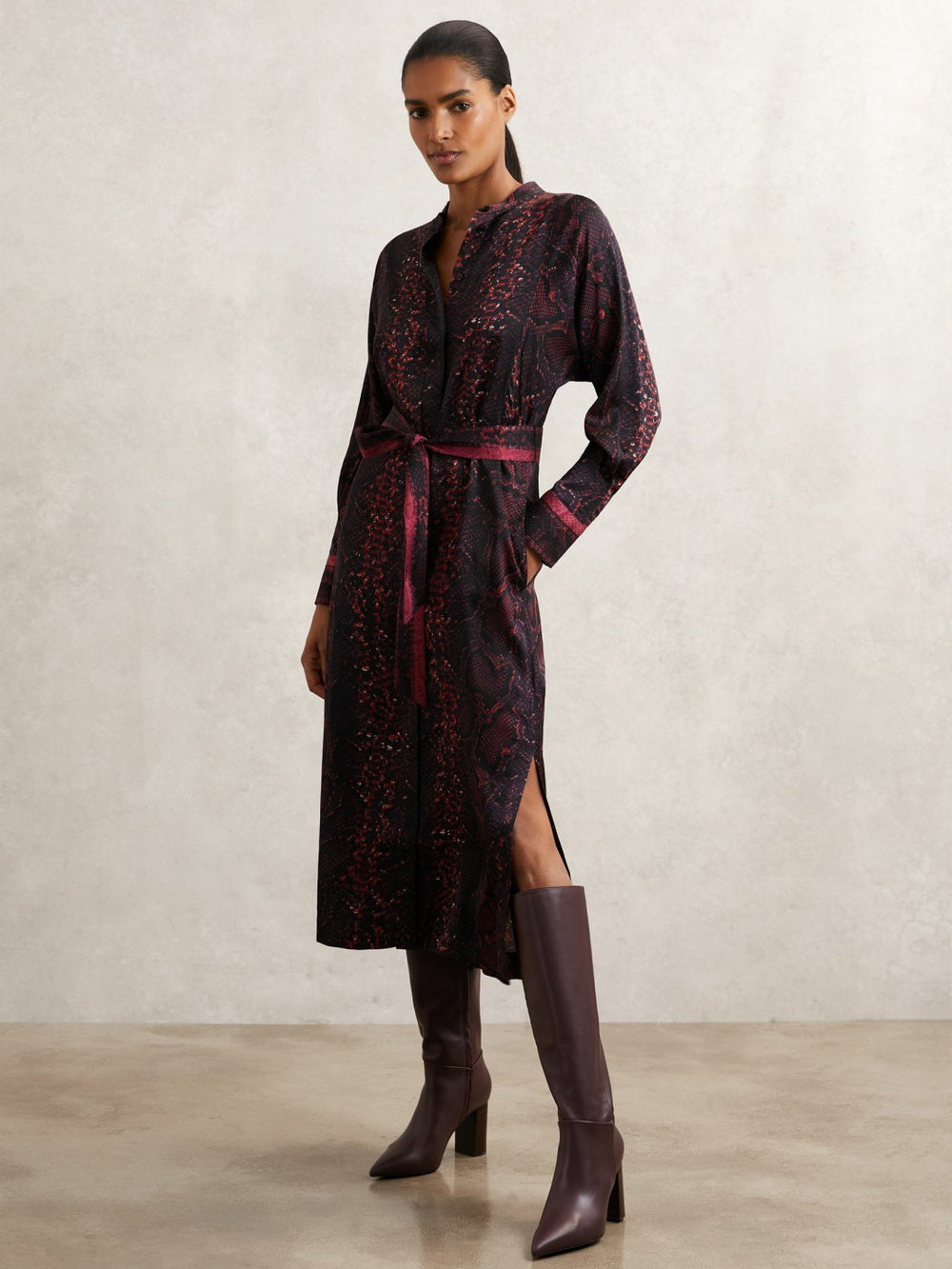 Snake-Print Belted Shirt Dress Burgundy/Black | Womens