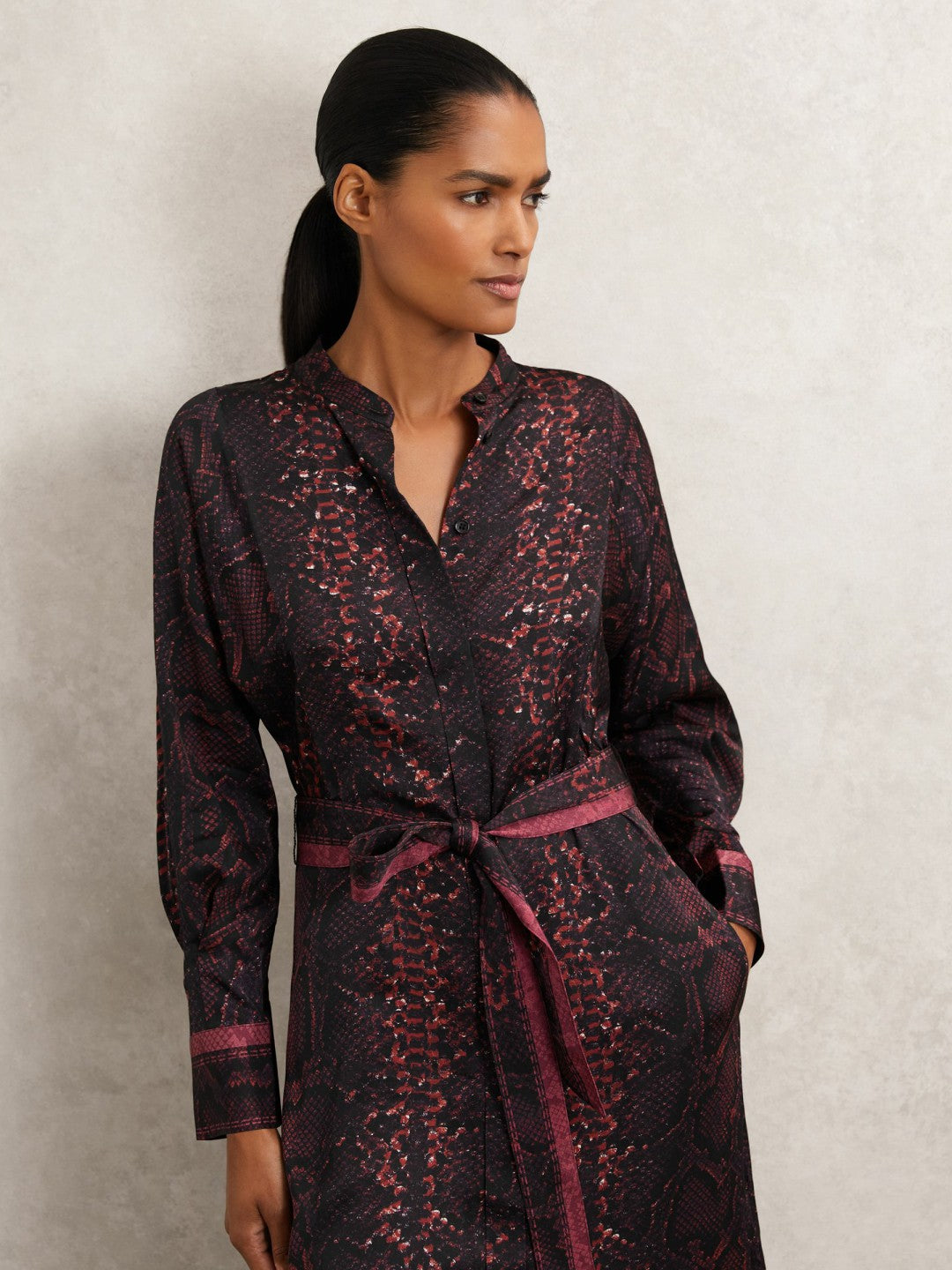 Snake-Print Belted Shirt Dress Burgundy/Black | Womens