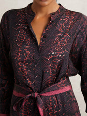 Snake-Print Belted Shirt Dress Burgundy/Black | Womens