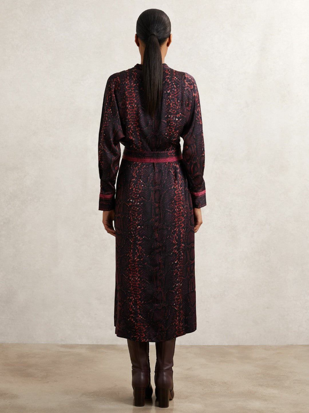 Snake-Print Belted Shirt Dress Burgundy/Black | Womens