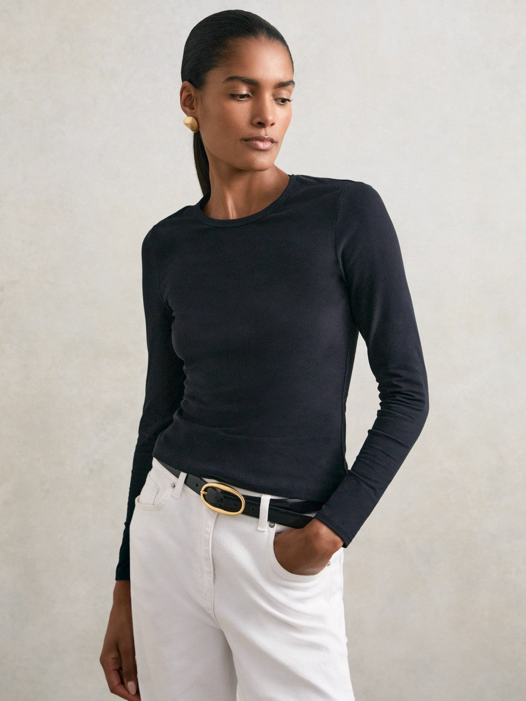 Cotton Crew-Neck Long-Sleeve T-Shirt With Stretch Black | Womens