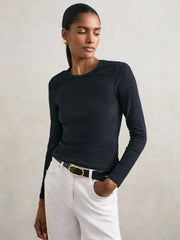 Cotton Crew-Neck Long-Sleeve T-Shirt With Stretch Black | Womens