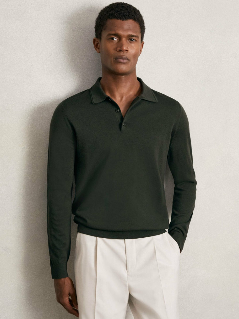 Merino Wool Long-Sleeve Polo Shirt Dark Military Green | Mens