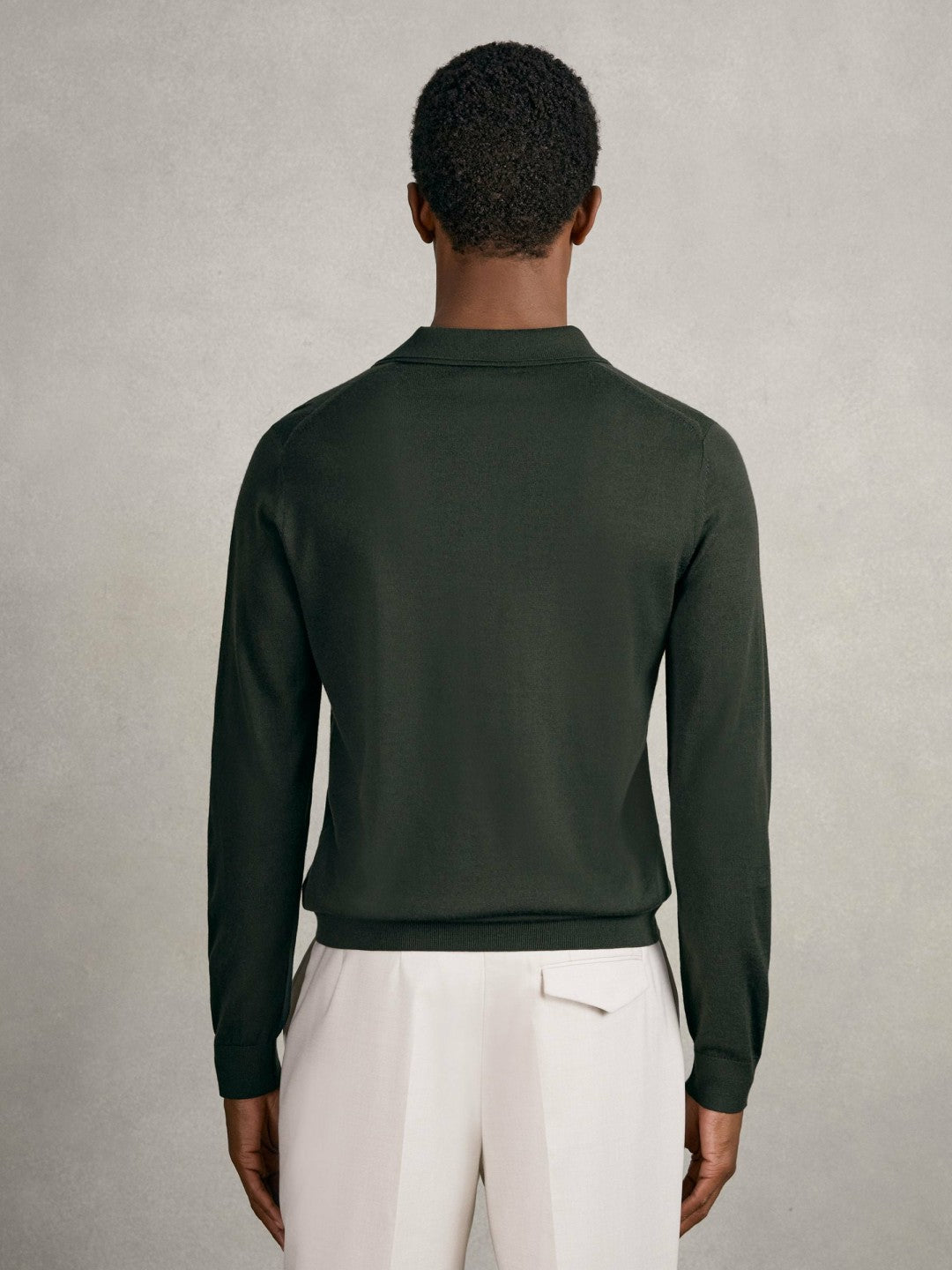 Merino Wool Long-Sleeve Polo Shirt Dark Military Green | Mens