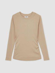 Cotton Long-Sleeve Ruched T-Shirt with Stretch Camel | Womens