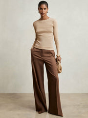 Cotton Long-Sleeve Ruched T-Shirt with Stretch Camel | Womens