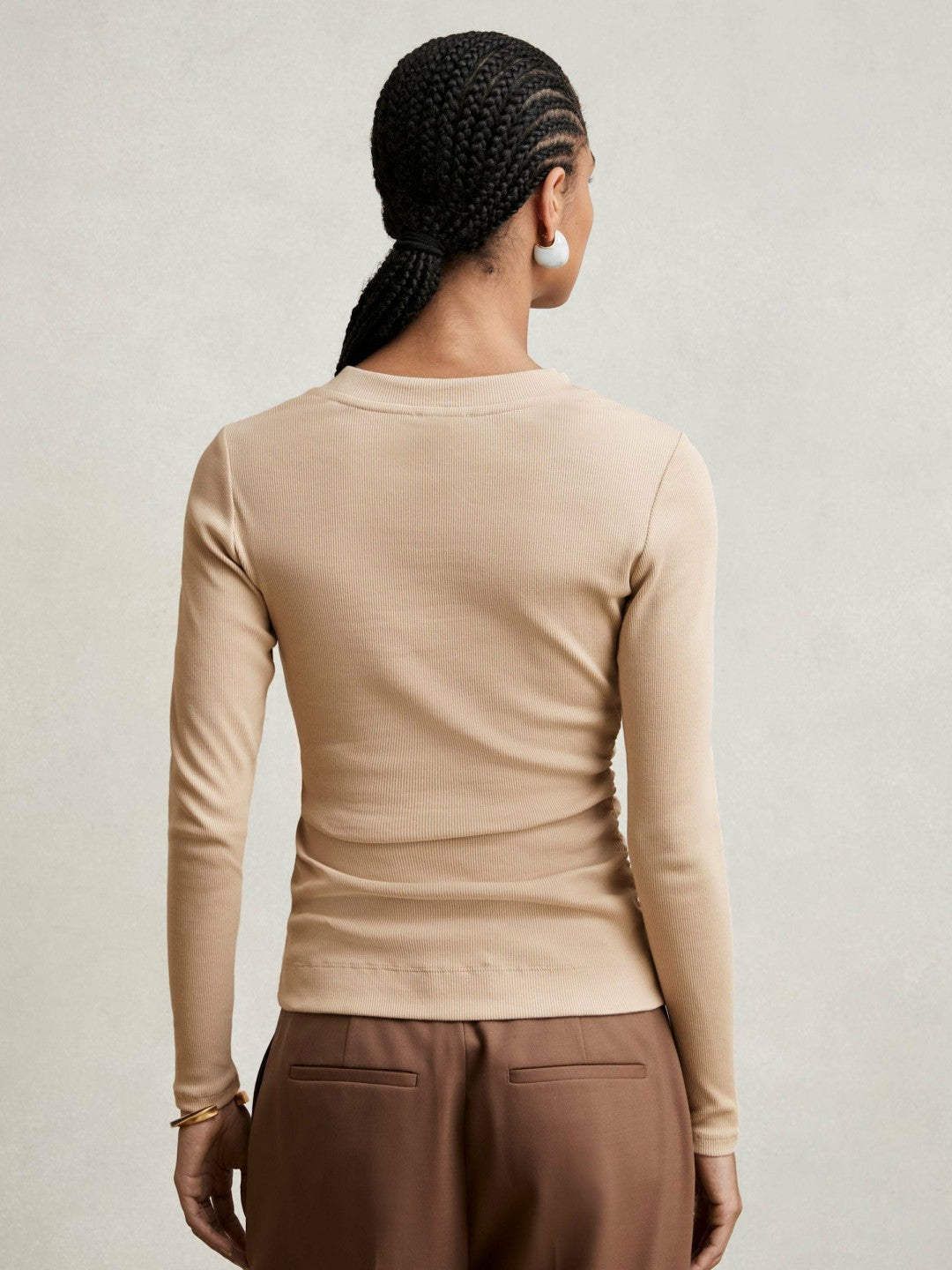 Cotton Long-Sleeve Ruched T-Shirt with Stretch Camel | Womens