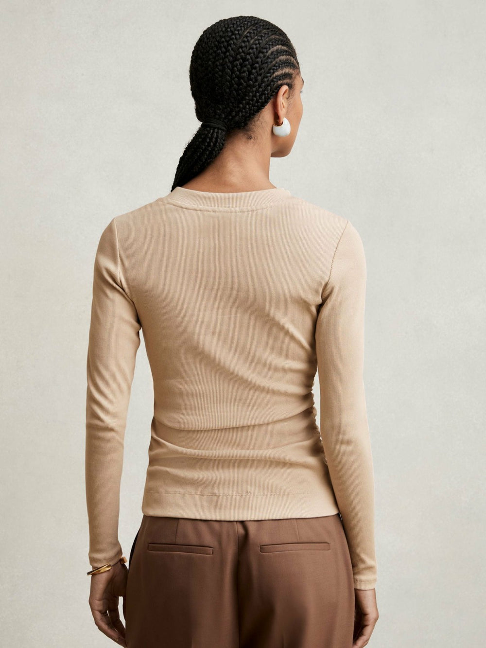 Cotton Long-Sleeve Ruched T-Shirt with Stretch Camel | Womens