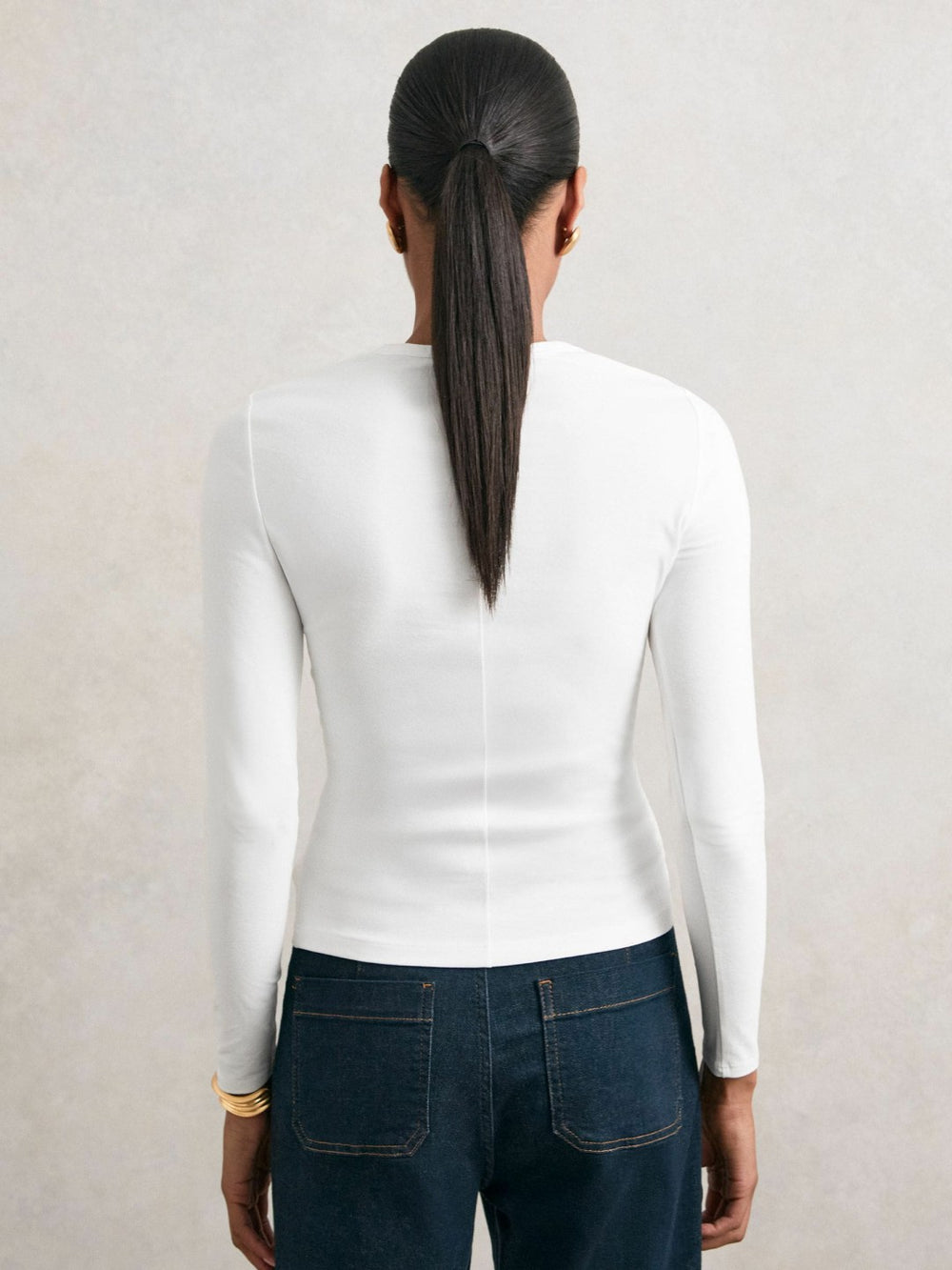 Cotton Crew-Neck Long-Sleeve T-Shirt With Stretch White | Womens