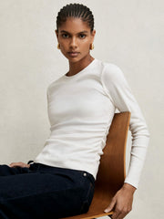 Cotton Long-Sleeve Ruched T-Shirt with Stretch White | Womens