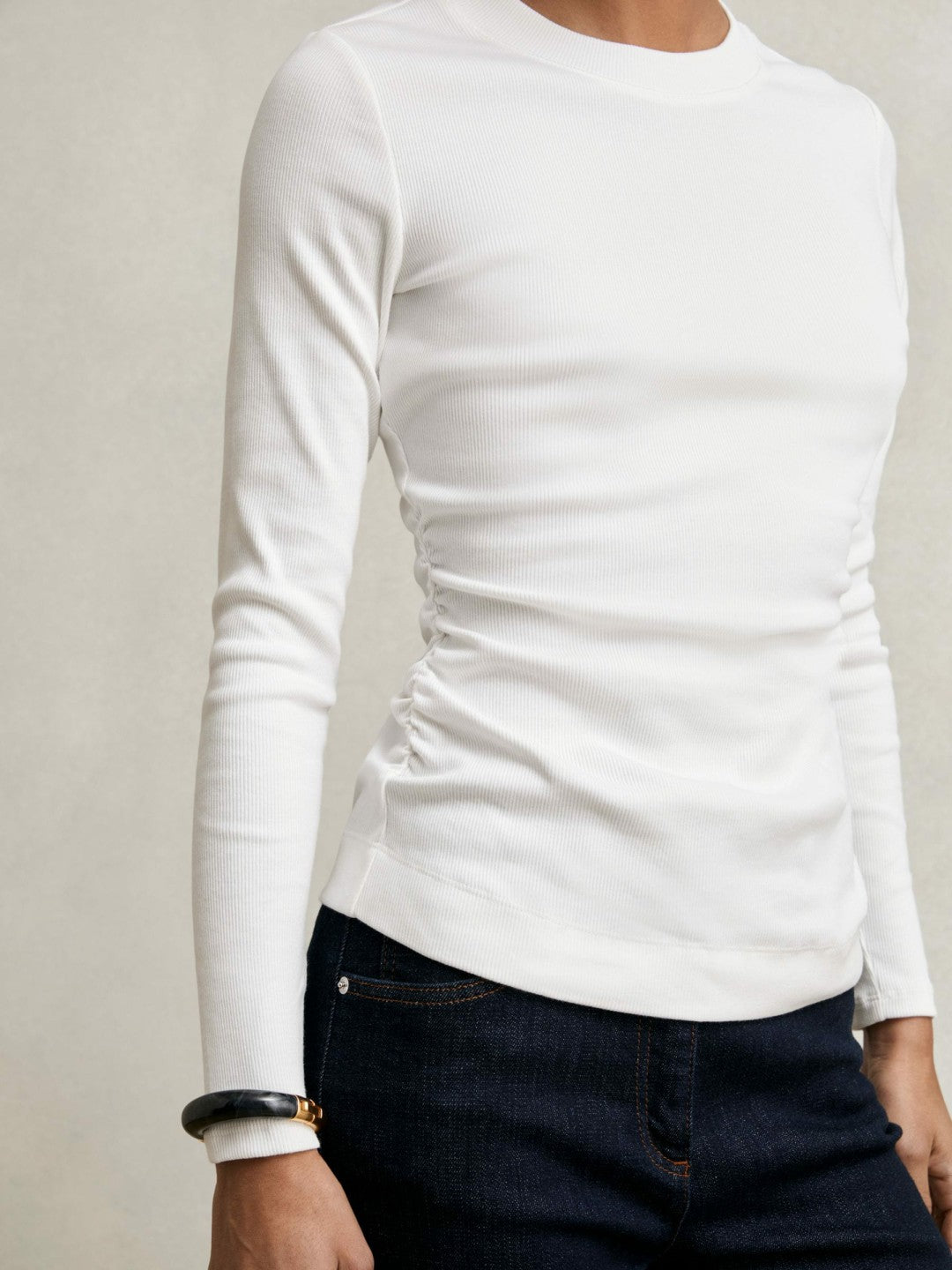 Cotton Long-Sleeve Ruched T-Shirt with Stretch White | Womens