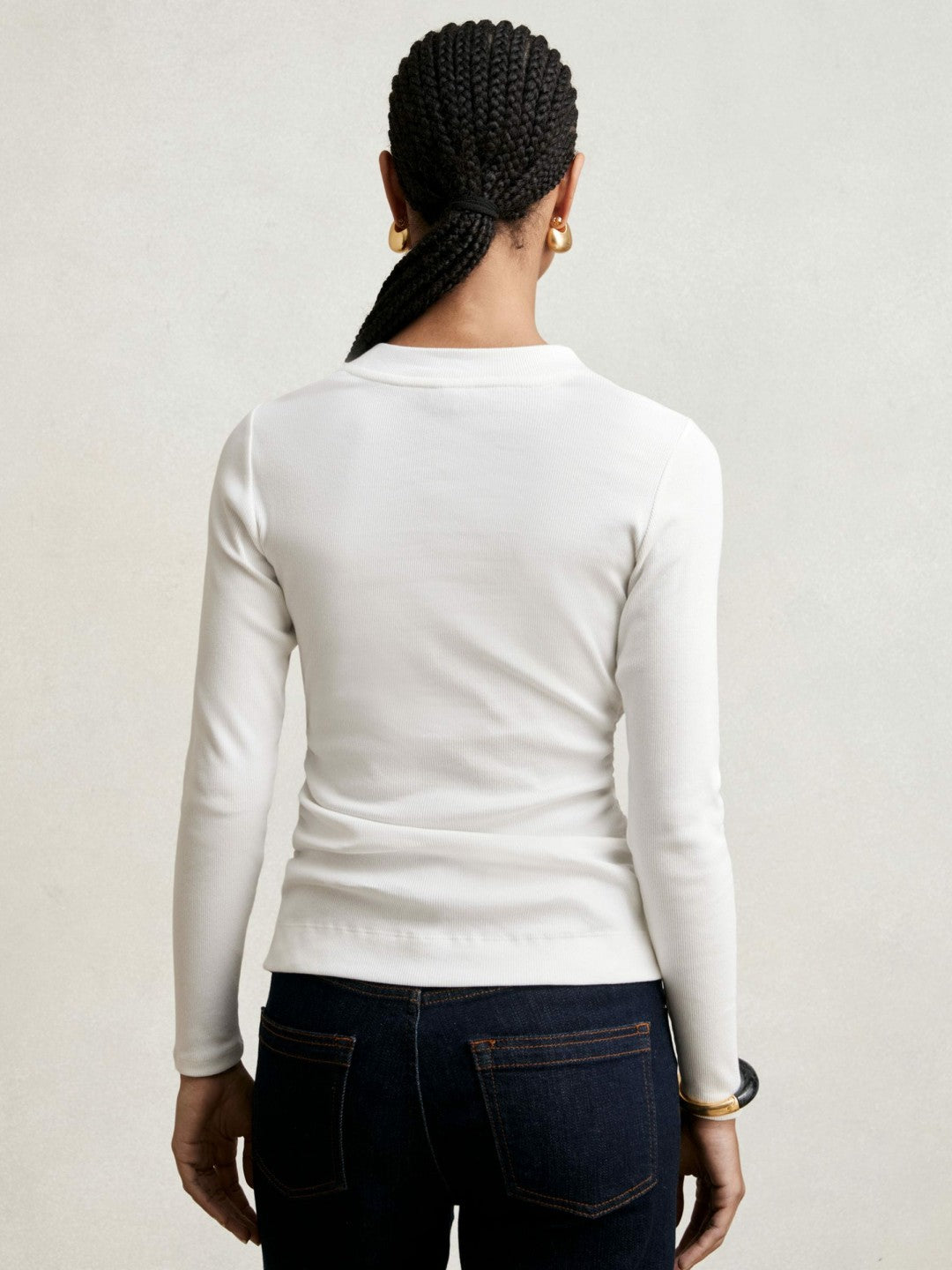 Cotton Long-Sleeve Ruched T-Shirt with Stretch White | Womens