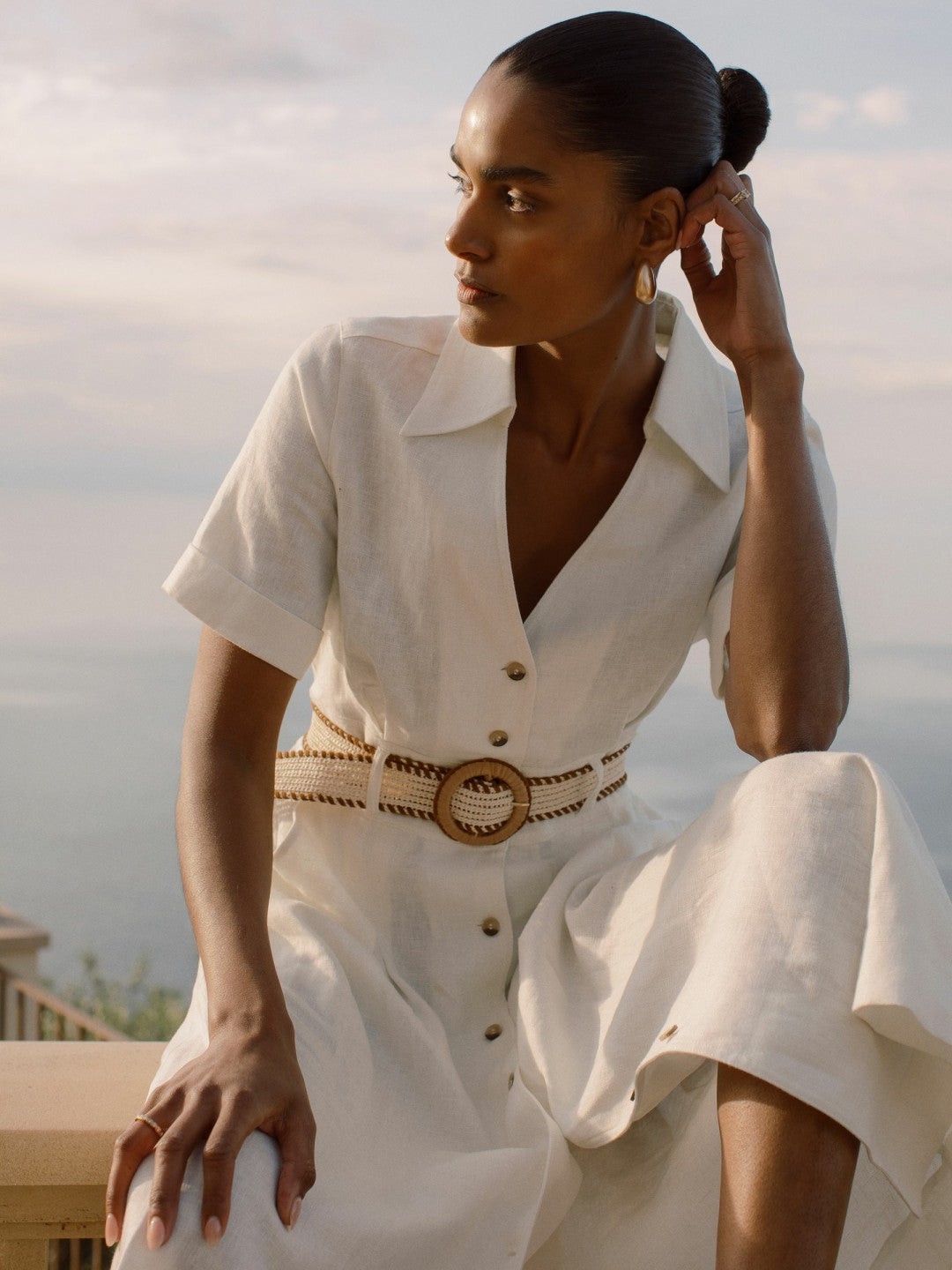 Linen Belted Midi Shirt Dress Ivory | Womens