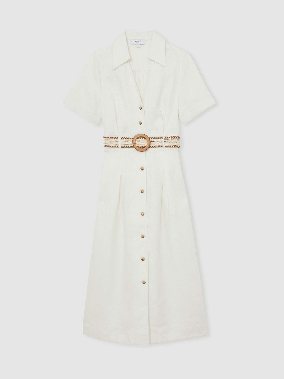 Linen Belted Midi Shirt Dress Ivory | Womens