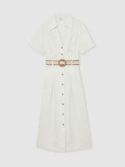 Linen Belted Midi Shirt Dress Ivory | Womens