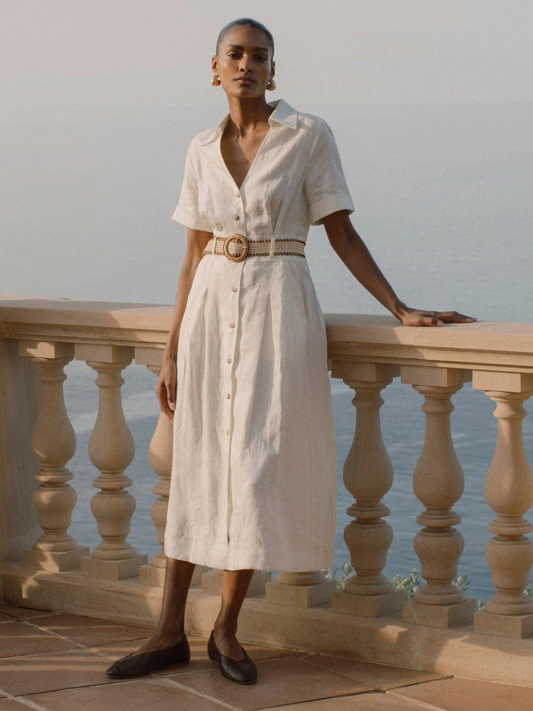 Linen Belted Midi Shirt Dress Ivory | Womens