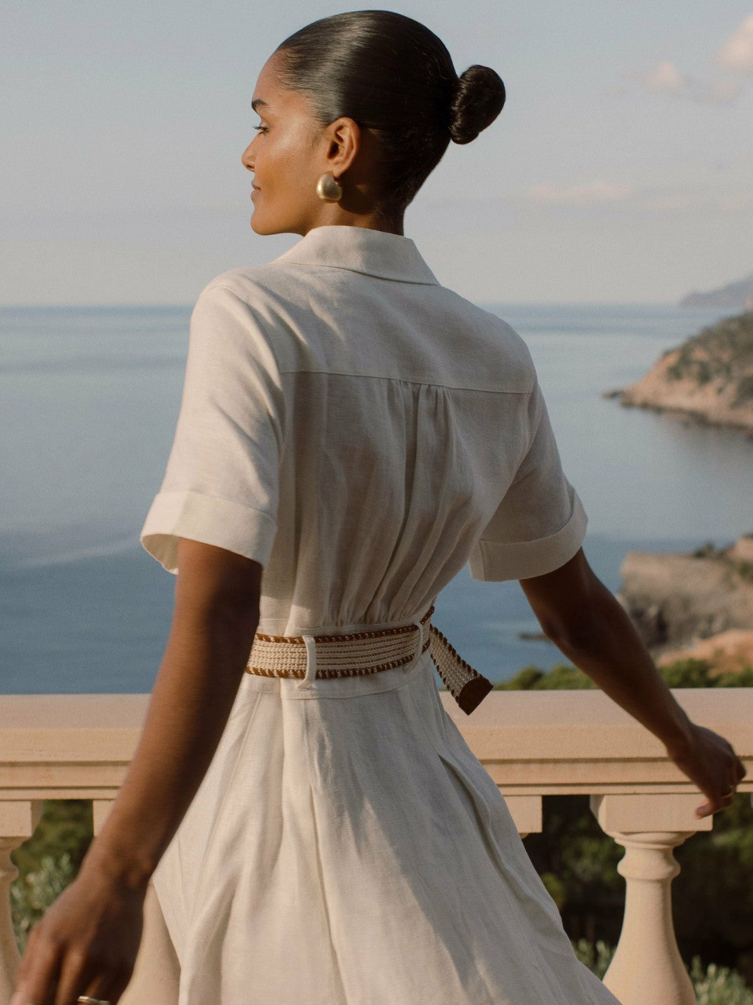 Linen Belted Midi Shirt Dress Ivory | Womens