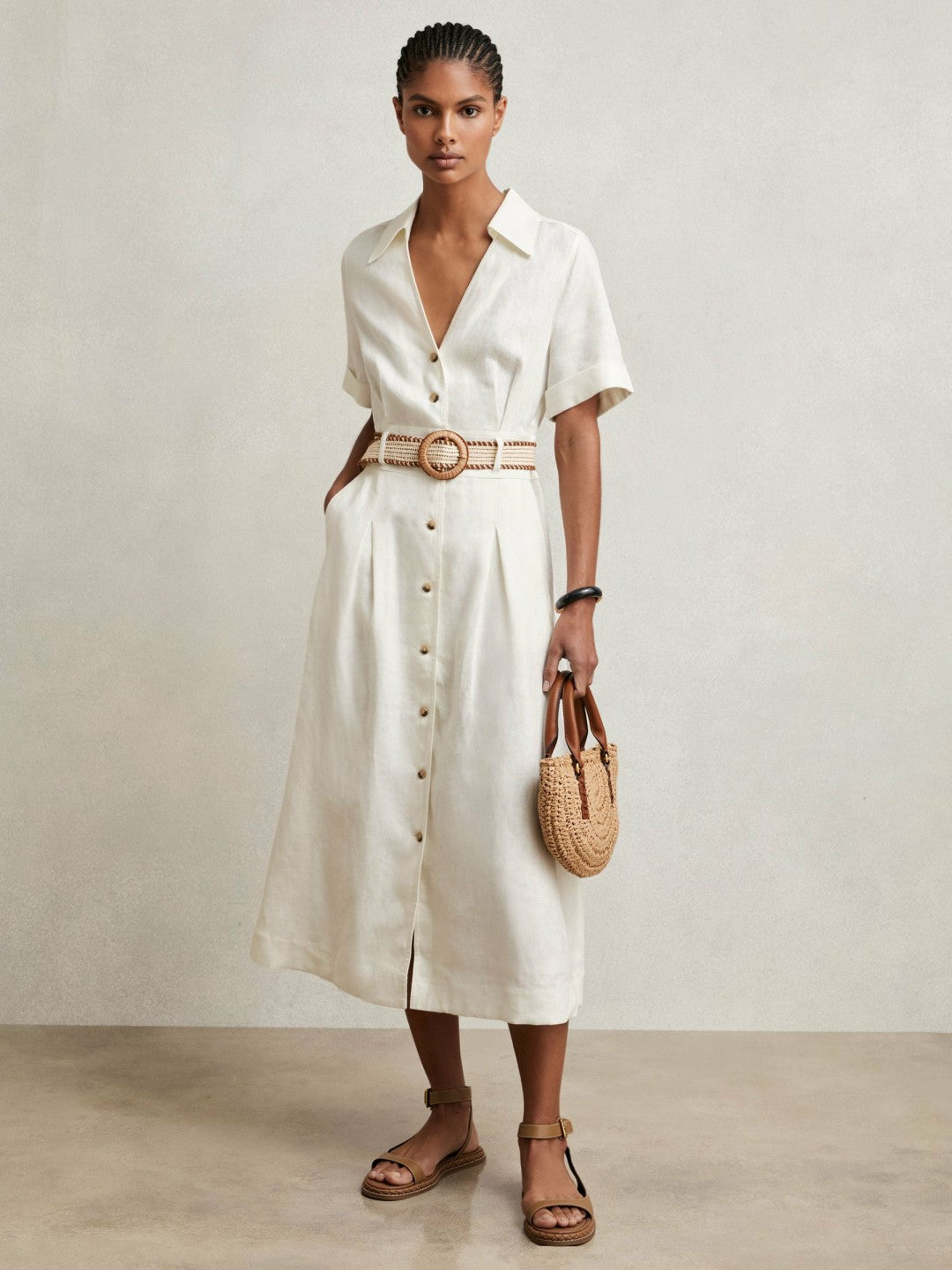 Linen Belted Midi Shirt Dress Ivory | Womens