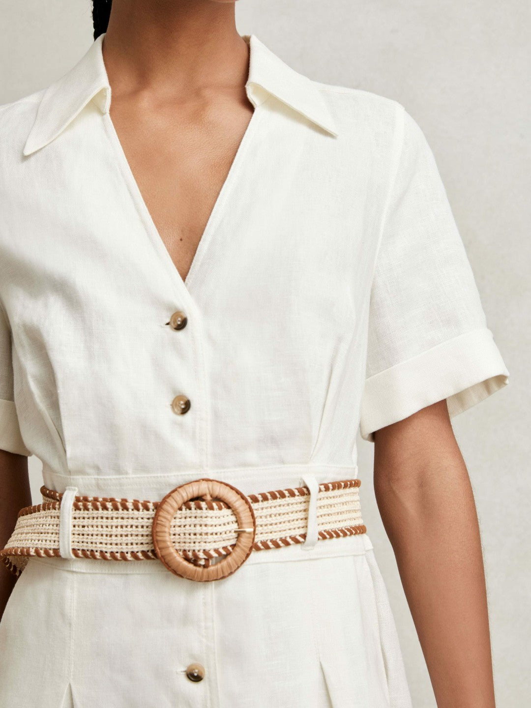 Linen Belted Midi Shirt Dress Ivory | Womens