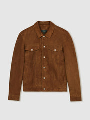 Suede Press Stud Trucker Jacket Tobacco Brown | Mens