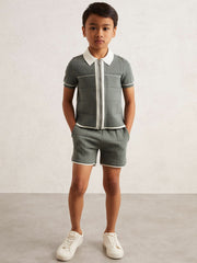 9-13 yrs Tipped Knit Zip-Through Shirt Dark Sage Green | Children
