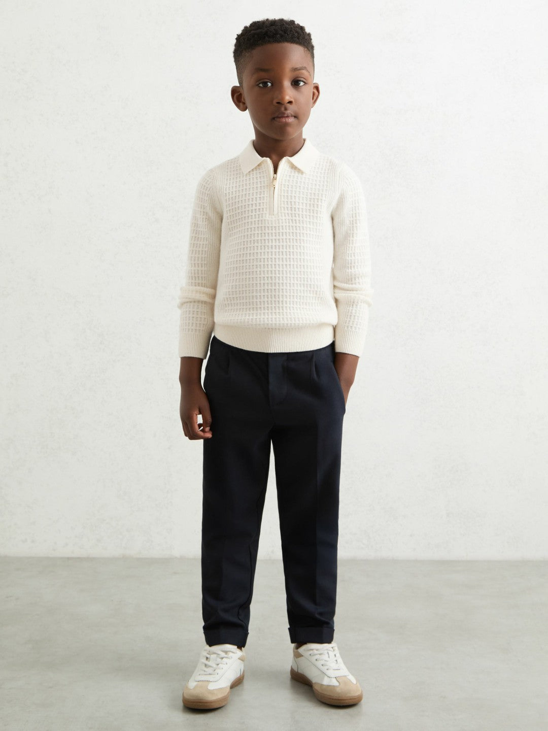 3-9 yrs Wool Waffle-Knit Half-Zip Polo Shirt Off White | Children