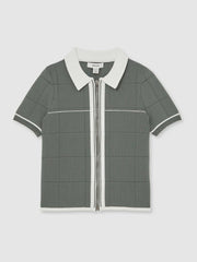 13-14 yrs Tipped Knit Zip-Through Shirt Dark Sage Green | Children
