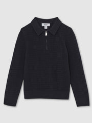9-13 yrs Wool Waffle-Knit Half-Zip Polo Shirt Navy Blue | Children