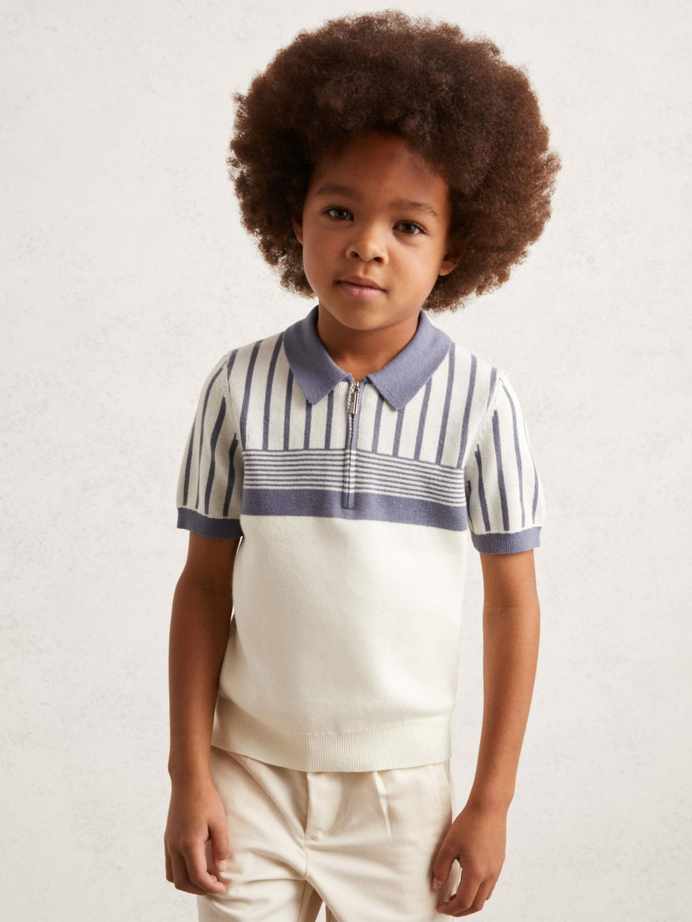 13-14 yrs Cotton Stripe Knit Half-Zip Polo Shirt Off White/ Airforce Blue | Children