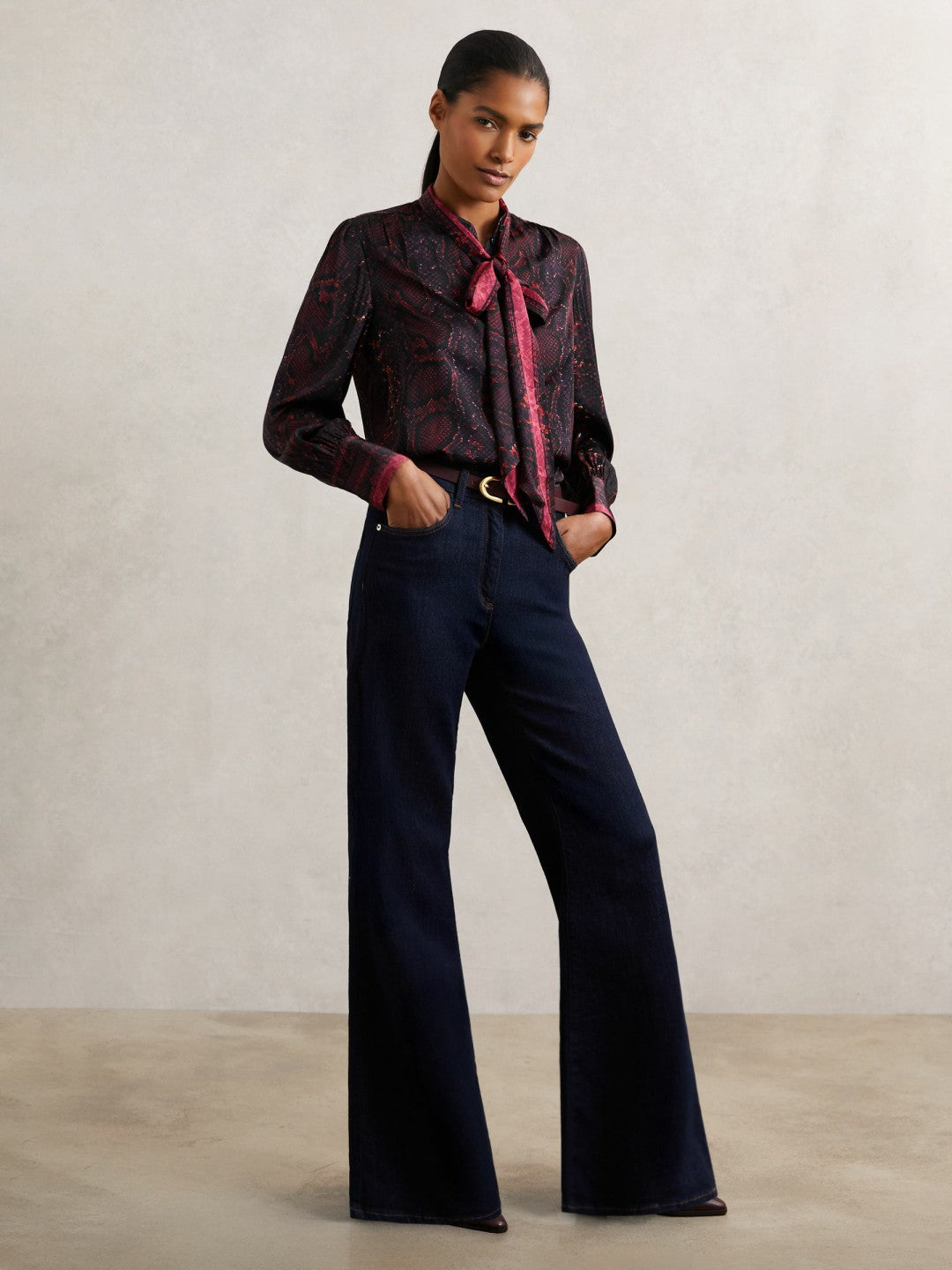 Snake-Print Tie-Neck Blouse Burgundy | Womens