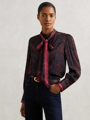 Snake-Print Tie-Neck Blouse Burgundy | Womens