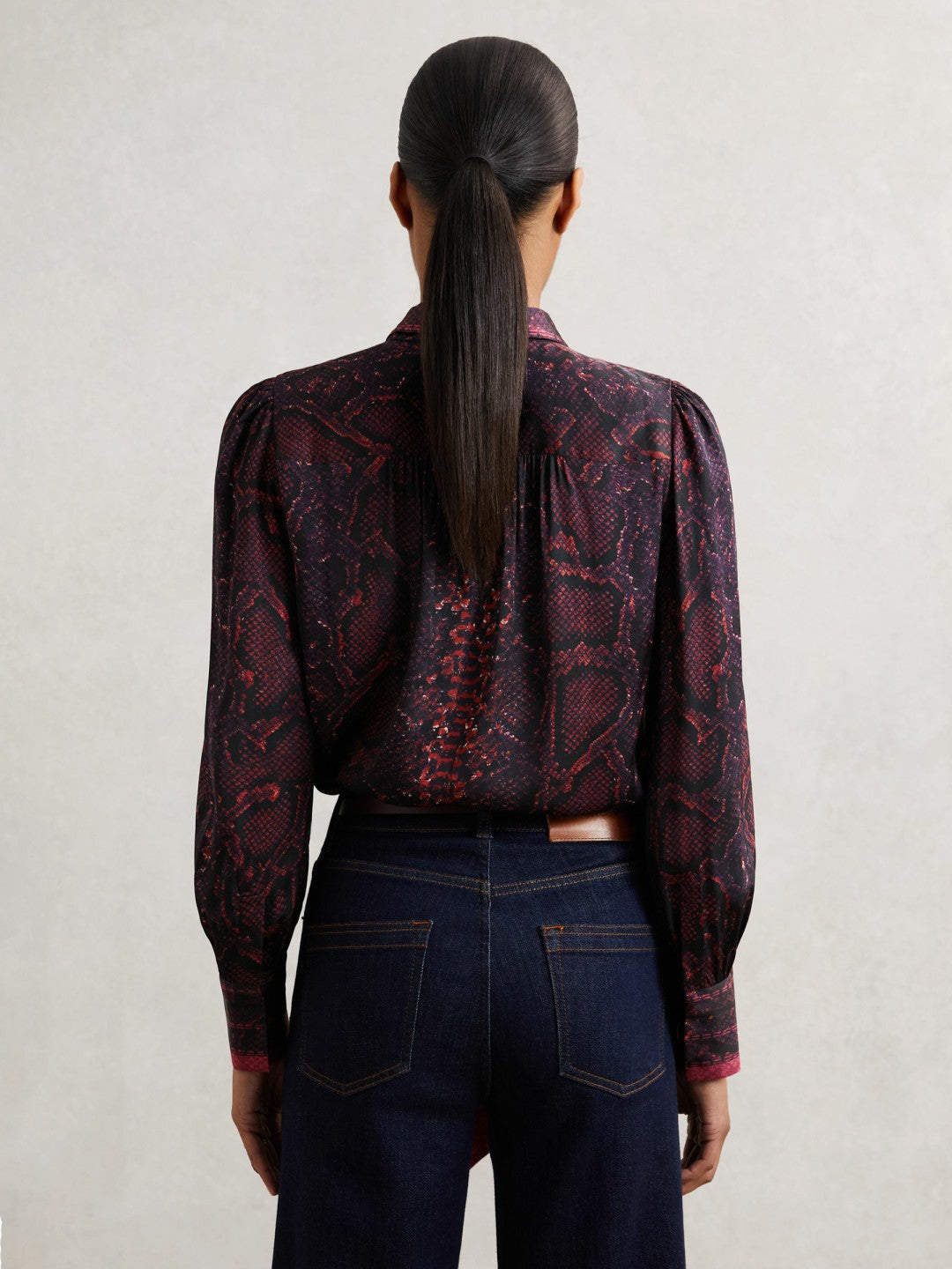 Snake-Print Tie-Neck Blouse Burgundy | Womens