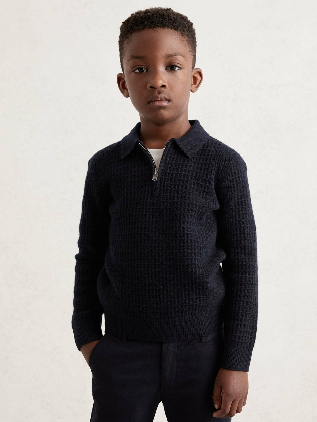 13-14 yrs Wool Waffle-Knit Half-Zip Polo Shirt Navy Blue | Children