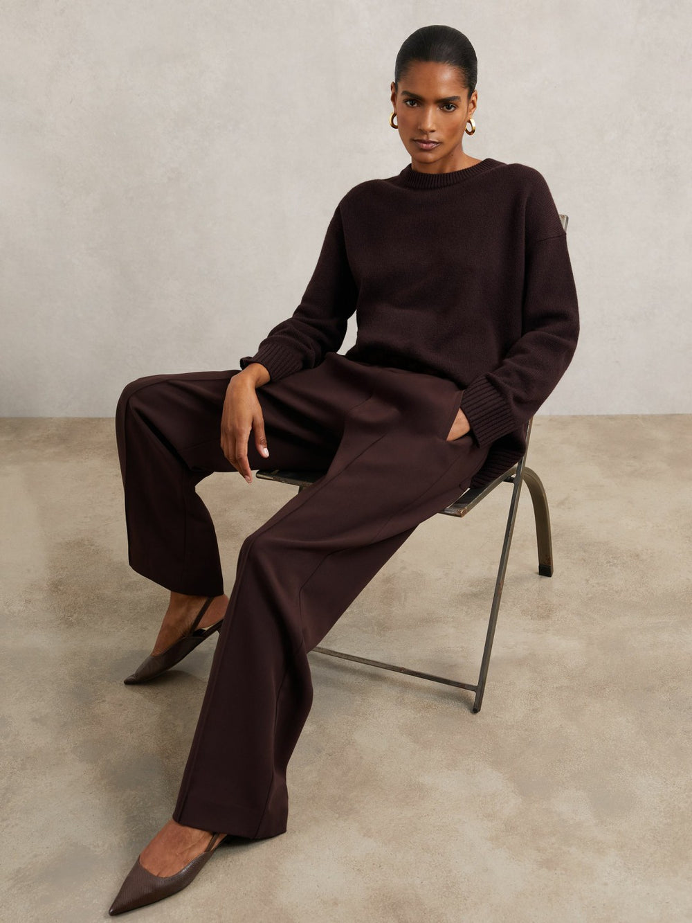 Petite Wide Leg Elasticated Waist Trousers Burgundy | Womens