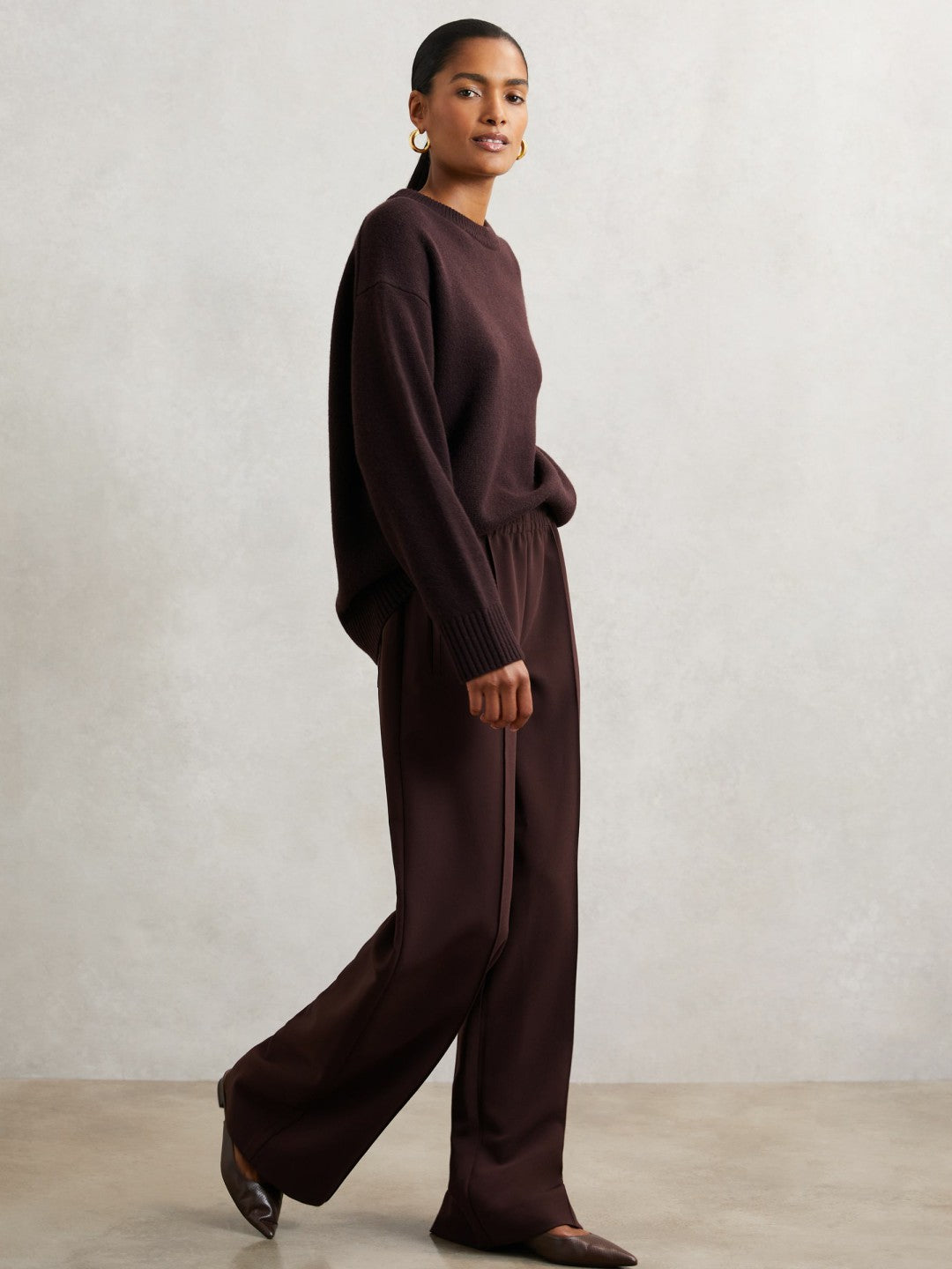 Wide Leg Elasticated Waist Trousers Burgundy | Womens