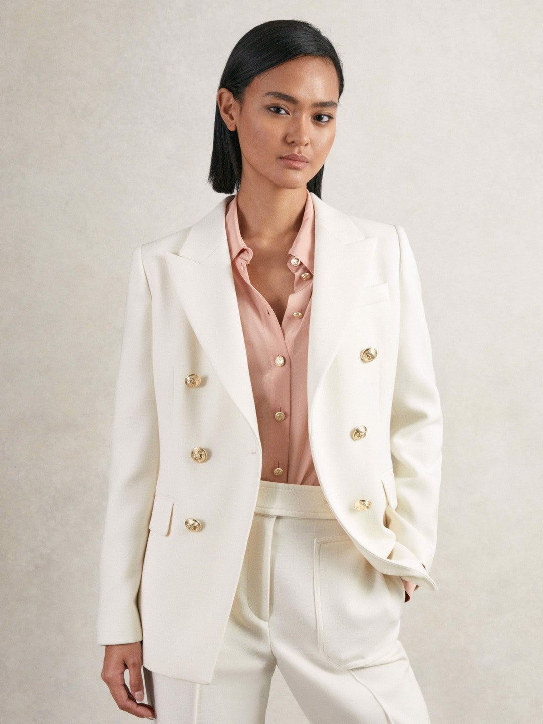 Petite Double-Breasted Twill Suit Blazer With Wool White | Womens