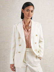Petite Double-Breasted Twill Suit Blazer With Wool White | Womens
