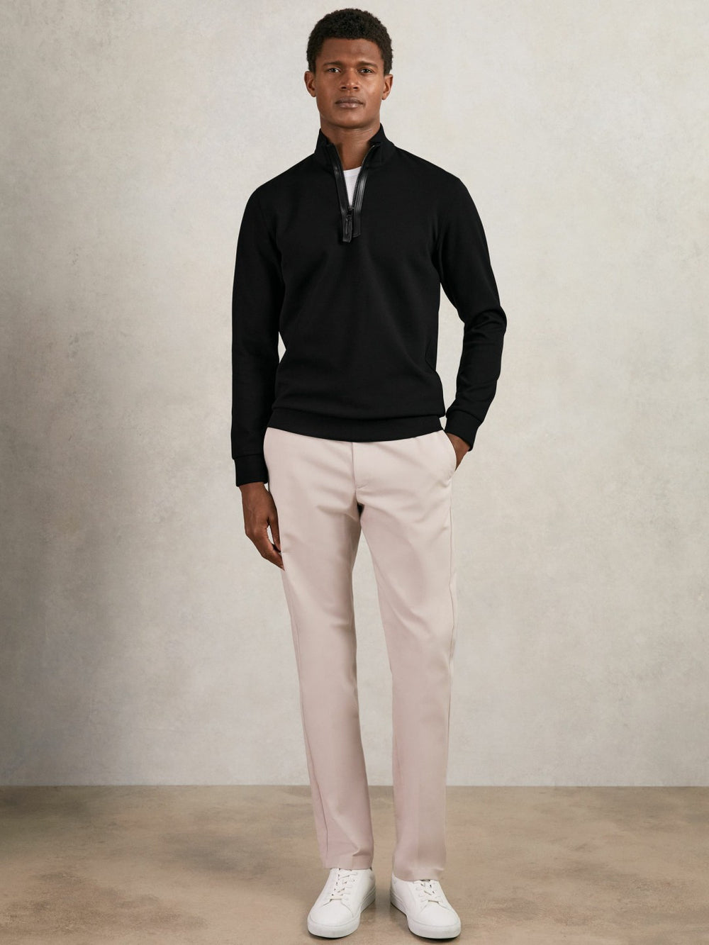 Leather-Placket Interlock Sweatshirt Black | Mens