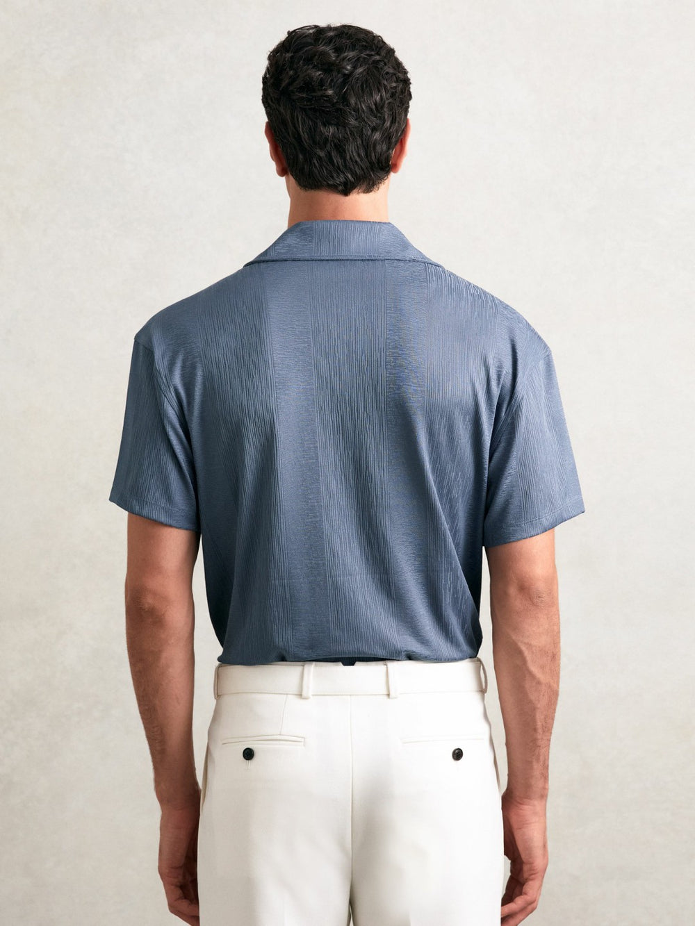 Jacquard-Stripe Cuban-Collar Shirt Airforce Blue | Mens