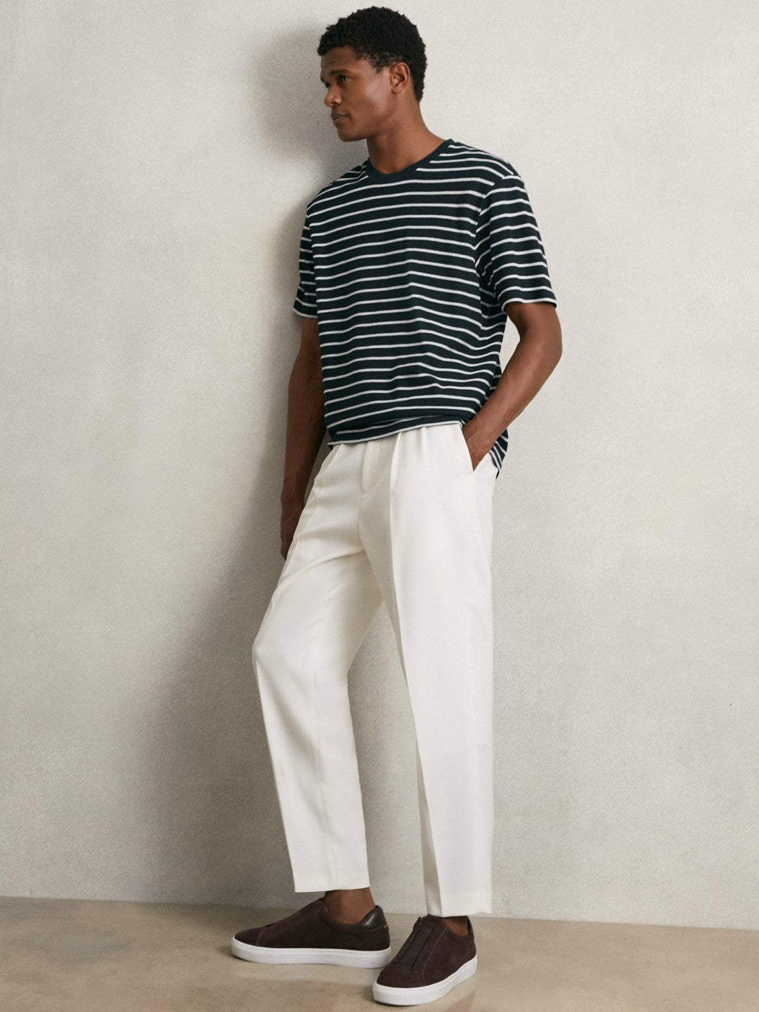 Cotton Textured Stripe T-Shirt White/Navy | Mens