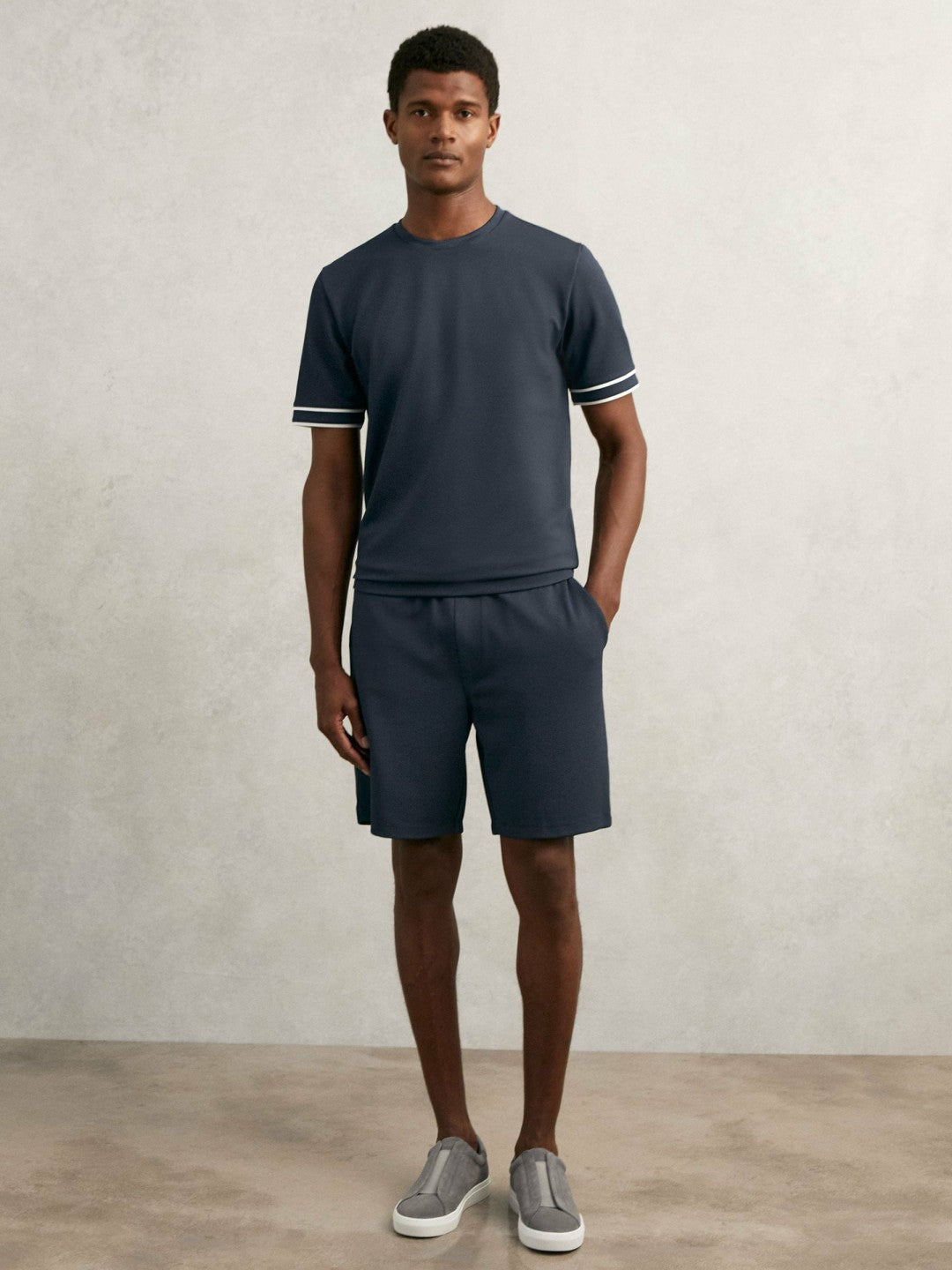 Textured Crew-Neck Tipped T-Shirt Airforce Blue | Mens
