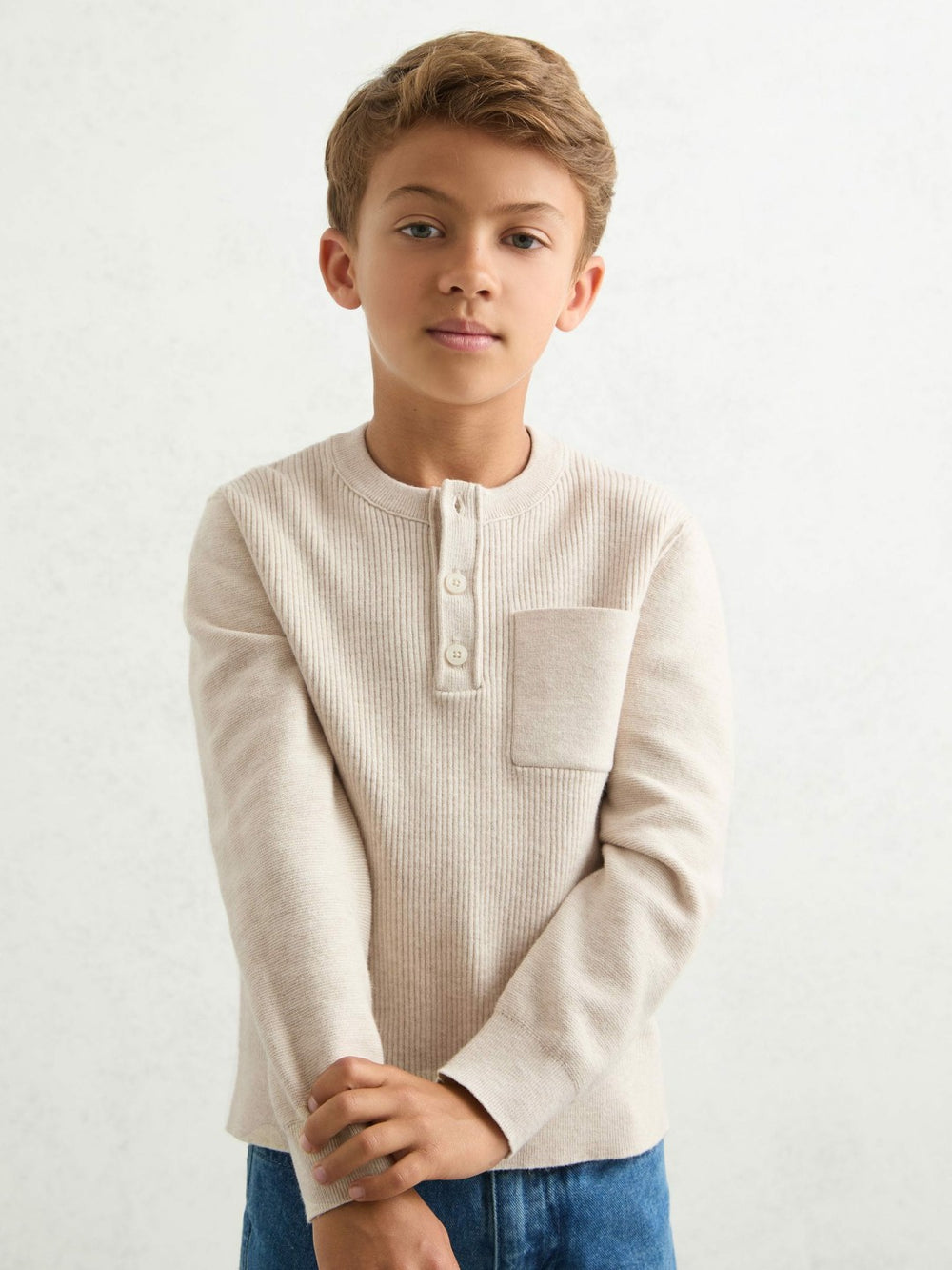 3-9 yrs Cotton-Blend Rib-Knit Henley Top Oatmeal Melange | Children