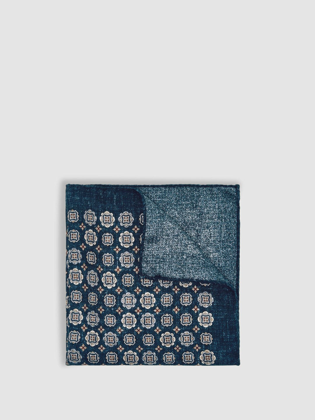 Silk Medallion Print Pocket Square Indigo Melange | Mens