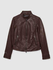 Fitted Leather Biker Jacket Burgundy | Womens