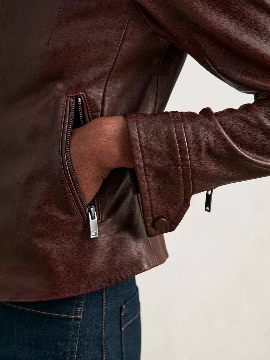 Fitted Leather Biker Jacket Burgundy | Womens