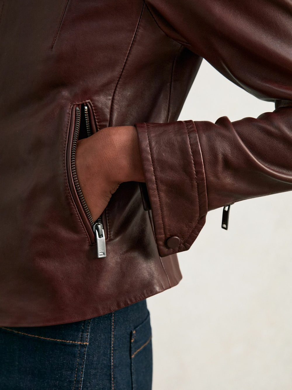 Fitted Leather Biker Jacket Burgundy | Womens