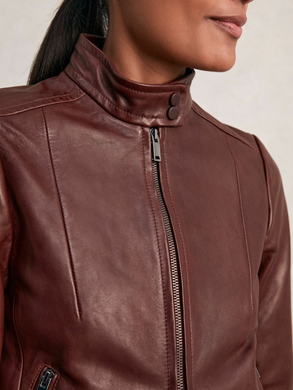 Fitted Leather Biker Jacket Burgundy | Womens