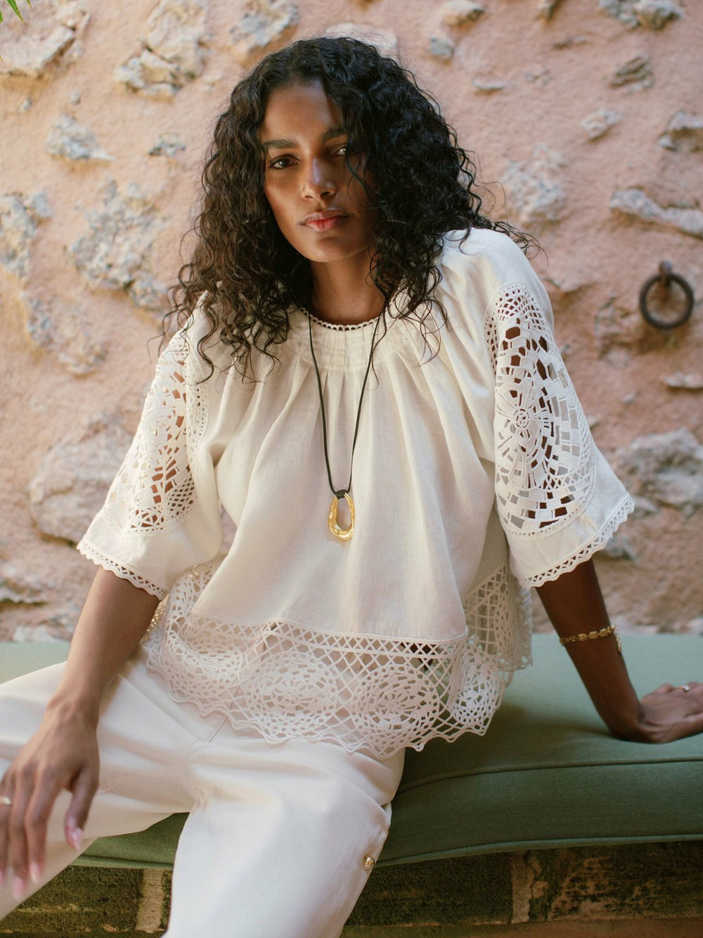 Linen Embroidered Swing Top Ivory | Womens