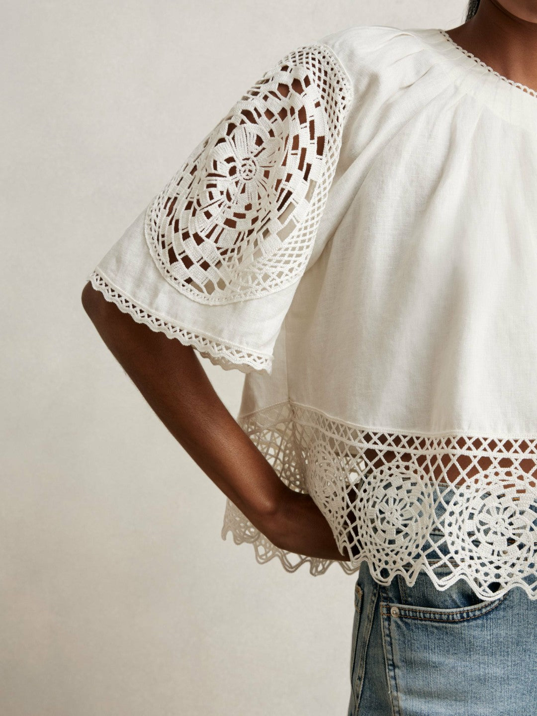 Linen Embroidered Swing Top Ivory | Womens